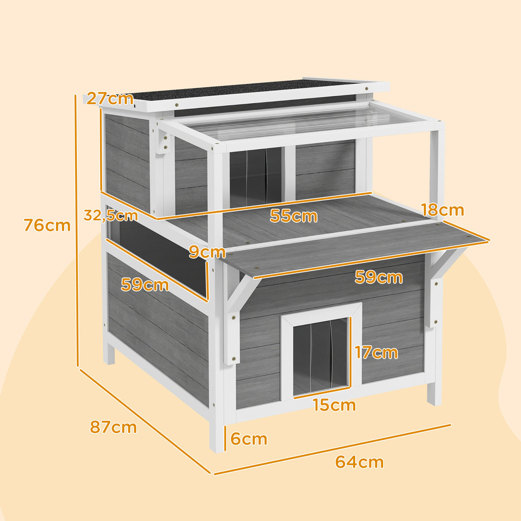 PawHut Casa para Gatos de Madeira 64x87x76 cm Casota para Gatos de 2 Níveis Refúgio para Gatos com Teto Asfáltico Janela e Porta com Cortina para Interior e Exterior 64x87x76 cm Cinza Claro