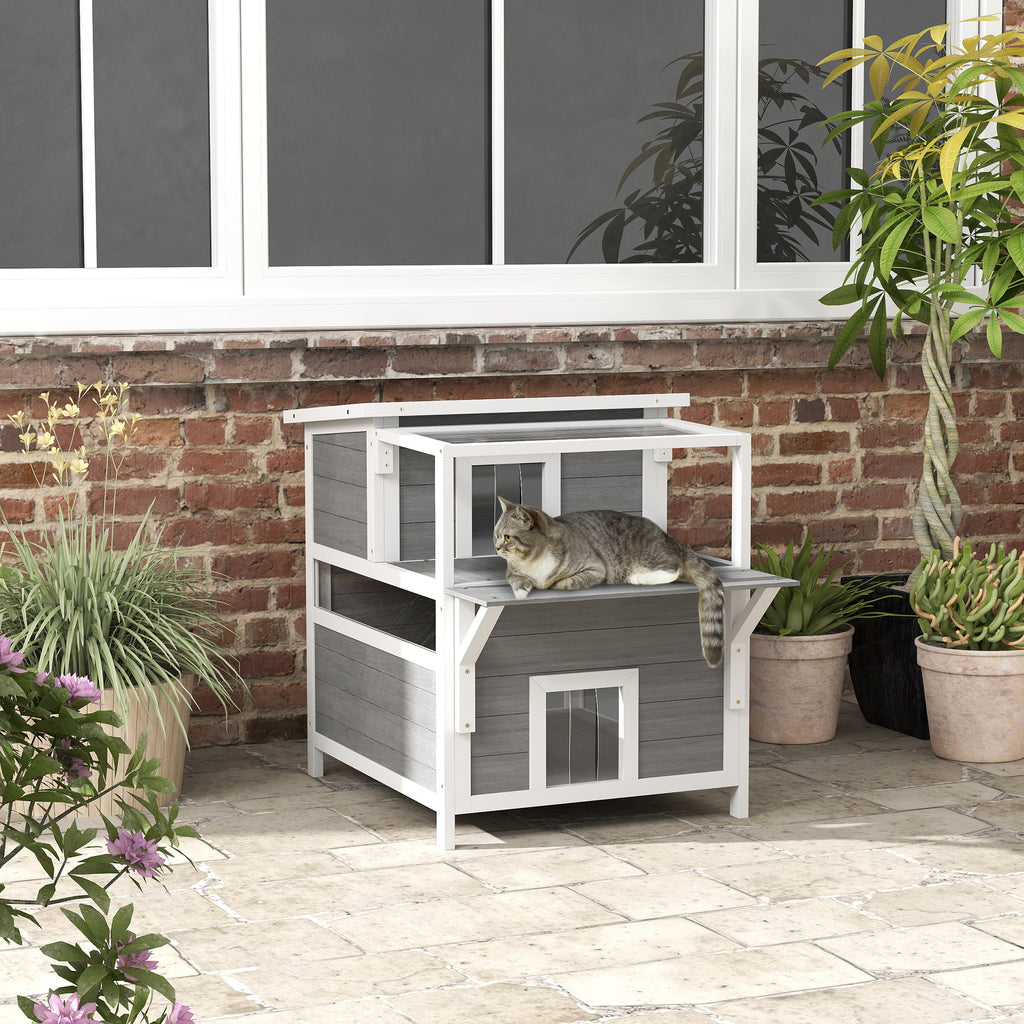 PawHut Casa para Gatos de Madeira 64x87x76 cm Casota para Gatos de 2 Níveis Refúgio para Gatos com Teto Asfáltico Janela e Porta com Cortina para Interior e Exterior 64x87x76 cm Cinza Claro
