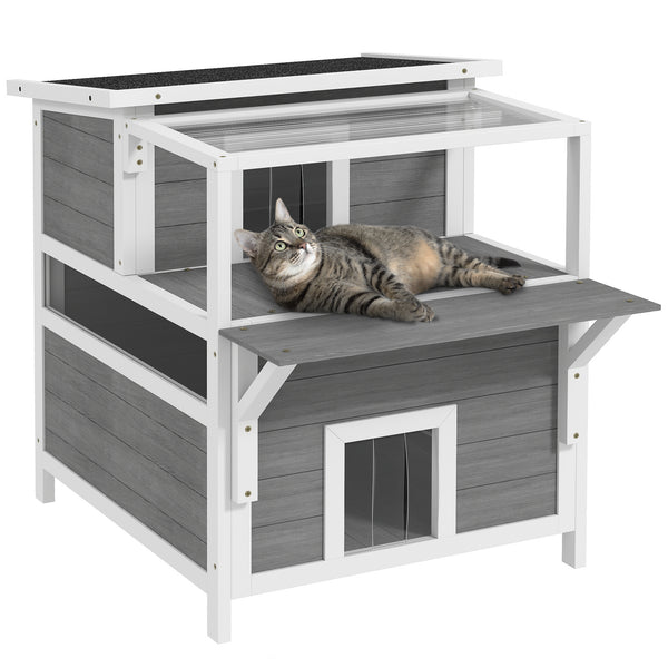 PawHut Casa para Gatos de Madeira 64x87x76 cm Casota para Gatos de 2 Níveis Refúgio para Gatos com Teto Asfáltico Janela e Porta com Cortina para Interior e Exterior 64x87x76 cm Cinza Claro
