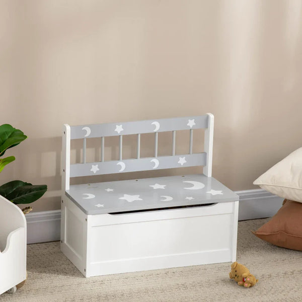 Baú Infantil 2 em 1 Organizador de Brinquedos para Crianças acima de 18 Meses Banco de Armazenamento Infantil com Tampa para Dormitório Sala de Jogos Carga 50kg 60x30x50cm Branco e Cinza