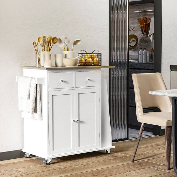 Carrinho de Cozinha Auxiliar com Rodas Carrinho de Cozinha com 2 Gavetas Armário de Armazenamento Prateleira Interior Ajustável 3 Suportes para Temperos e Barra de Pendurar 89x45x89,5cm Branco