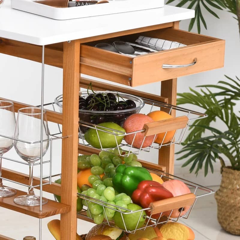 Carrinho de Cozinha com Rodas Carrinho Auxiliar com Gaveta 4 Cestas Amovíveis de Metal e Prateleiras Laterais 47x37x83 cm Madeira