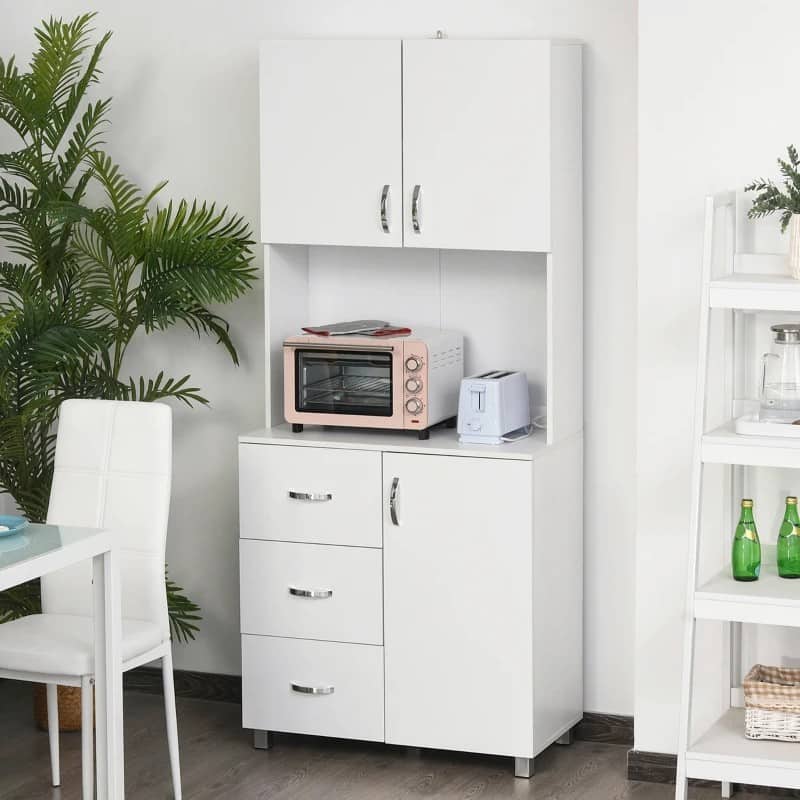 Armário de Armazenamento de Cozinha Armário Alto com 3 Gavetas 3 Portas e Prateleiras Interiores Ajustáveis móvel Auxiliar para Sala de Jantar Sala de Estar 80x39,5x183,5cm Branco