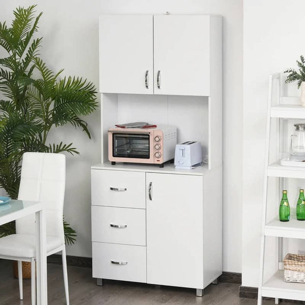 Armário de Armazenamento de Cozinha Armário Alto com 3 Gavetas 3 Portas e Prateleiras Interiores Ajustáveis móvel Auxiliar para Sala de Jantar Sala de Estar 80x39,5x183,5cm Branco