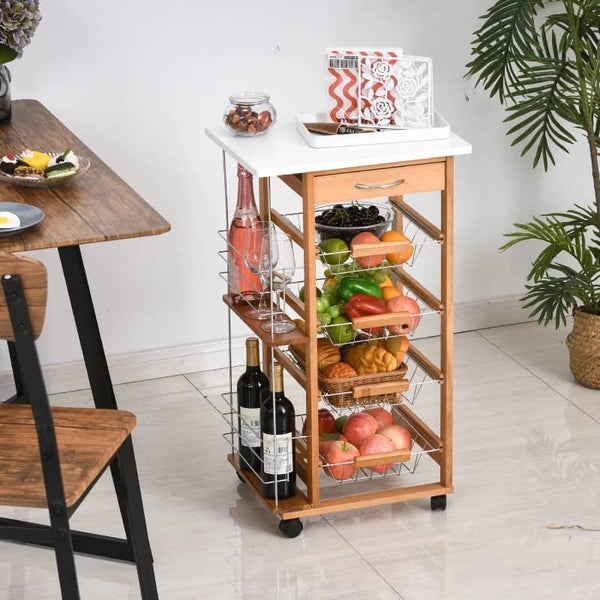 Carrinho de Cozinha com Rodas Carrinho Auxiliar com Gaveta 4 Cestas Amovíveis de Metal e Prateleiras Laterais 47x37x83 cm Madeira