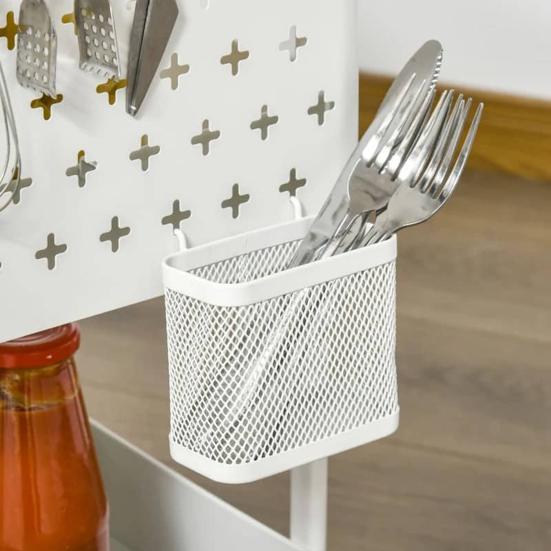 Carrinho de Cozinha com Rodas Carrinho de Armazenamento de 3 Níveis com 4 Ganchos 2 Cestas Alça de Transporte e Rodas com Freio para Casa de Banho Escritório Dormitório 51,5x32x75,6cm Branco