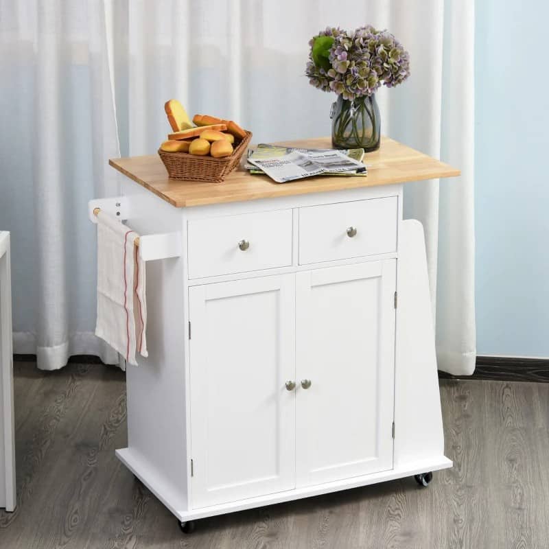 Carrinho de Cozinha Auxiliar com Rodas Carrinho de Cozinha com 2 Gavetas Armário de Armazenamento Prateleira Interior Ajustável 3 Suportes para Temperos e Barra de Pendurar 89x45x89,5cm Branco
