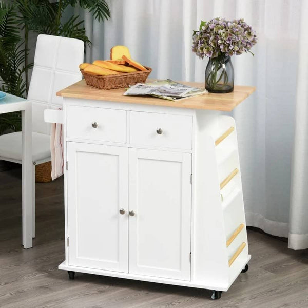 Carrinho de Cozinha Auxiliar com Rodas Carrinho de Cozinha com 2 Gavetas Armário de Armazenamento Prateleira Interior Ajustável 3 Suportes para Temperos e Barra de Pendurar 89x45x89,5cm Branco