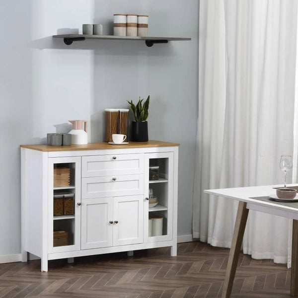 Aparador de Cozinha com Armário 2 Gavetas 2 Portas de Vidro e Prateleiras Ajustáveis Móvel Auxiliar de Armazenamento para Sala de Jantar Sala de Estar 120x40x90cm Branco