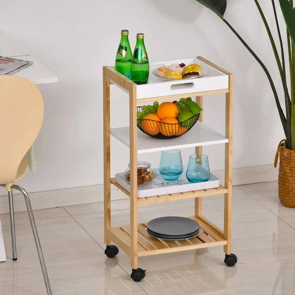 Carrinho de cozinha Carrinho de serviço doméstico de 4 niveis com bandeja removível Prateleira universal de rodas 40x30x76cm Madeira branca