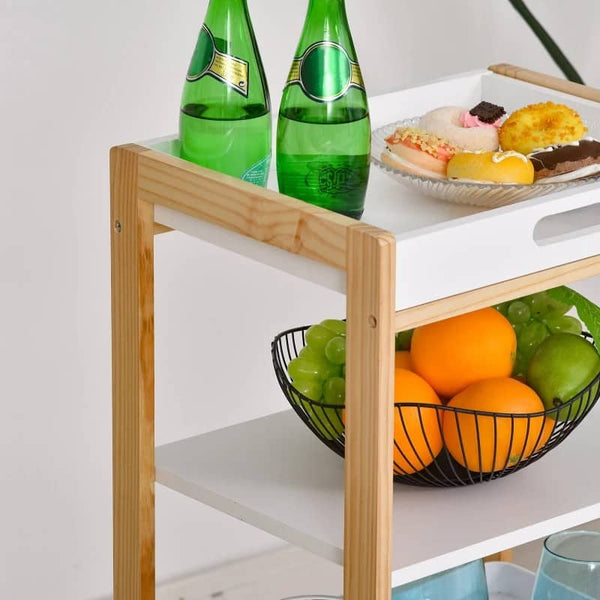 Carrinho de cozinha Carrinho de serviço doméstico de 4 niveis com bandeja removível Prateleira universal de rodas 40x30x76cm Madeira branca