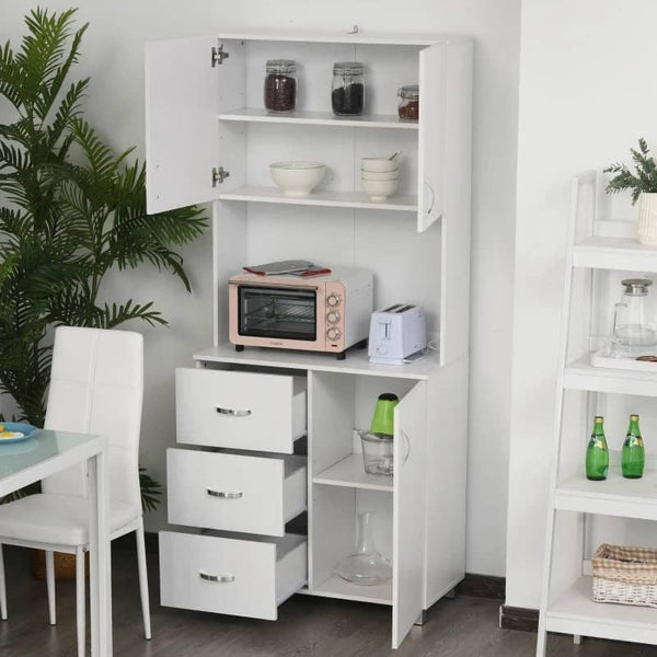 Armário de Armazenamento de Cozinha Armário Alto com 3 Gavetas 3 Portas e Prateleiras Interiores Ajustáveis móvel Auxiliar para Sala de Jantar Sala de Estar 80x39,5x183,5cm Branco