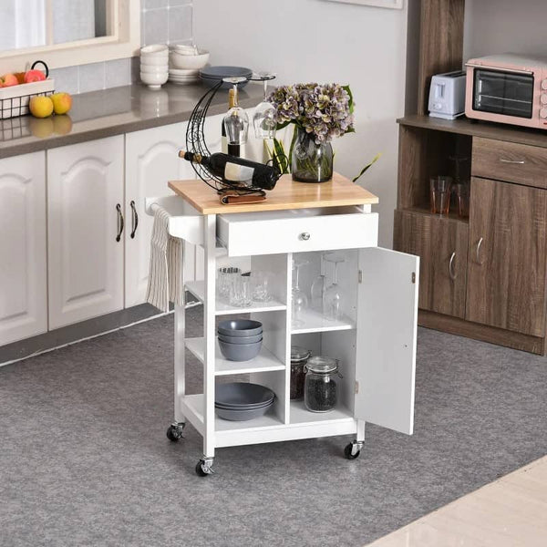 Carrinho de Cozinha Carrinho de Serviço Multifuncional com 1 Gaveta 1 Armário 3 Prateleiras Abertas para Armazenamento 66x39,5x86,5 cm Branco
