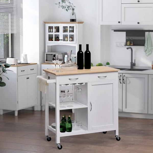 Carrinho de Cozinha Multiusos Carrinho Auxiliar com Rodas Prateleiras Armário e Gavetas para Cozinha 88,5x40x86cm Branco e Madeira Natural