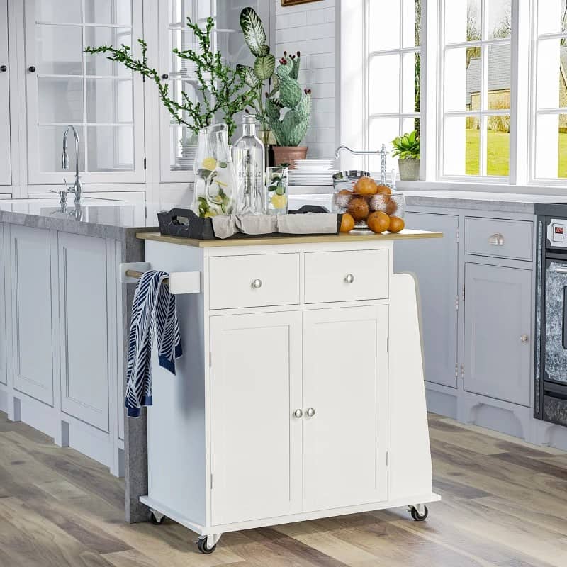 Carrinho de Cozinha Auxiliar com Rodas Carrinho de Cozinha com 2 Gavetas Armário de Armazenamento Prateleira Interior Ajustável 3 Suportes para Temperos e Barra de Pendurar 89x45x89,5cm Branco
