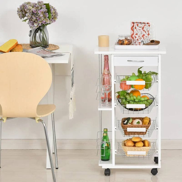 Carrinho de Cozinha com Rodas Carrinho Auxiliar com Gaveta 4 Cestas Amovíveis de Metal e Prateleiras Laterais 47x37x83 cm Branco