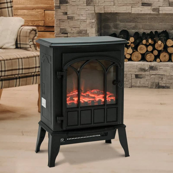 Lareira Elétrica Portátil 1000/2000W com Efeito de Chama Realista e Proteção Contra Superaquecimento para Ambientes entre 15-30m² 39x23x56,5cm Preto