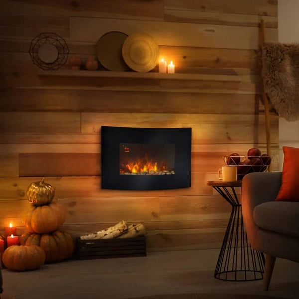 Lareira Elétrica de Parede com Efeito de Chamas Realistas e Luzes LED em 7 Cores com Controlo Remoto Potência 900W/1800W 65x11,4x52cm Preto
