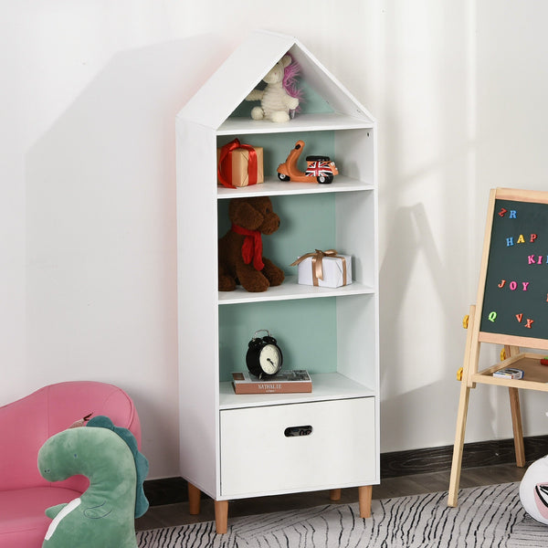 Estante infantil Estante de madeira para crianças para livros Brinquedos DVDs com 4 prateleiras 1 mesa de gaveta 2 cores Design compacto 50x30x142 cm Branco