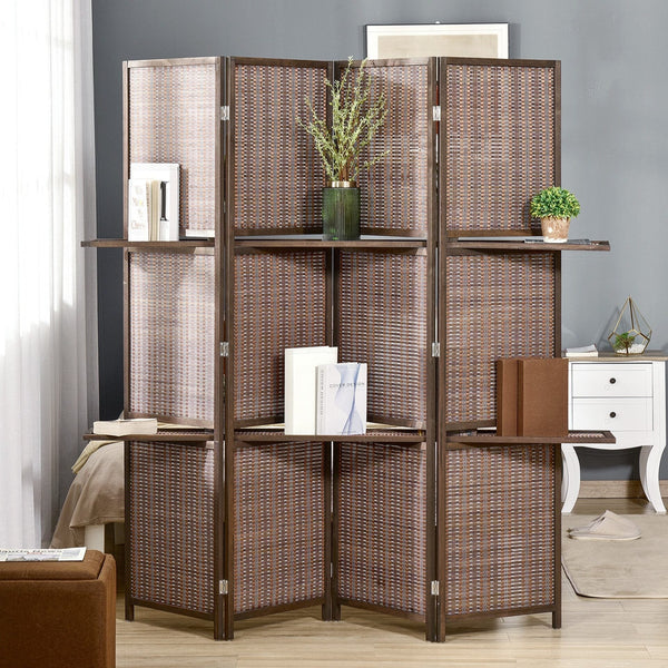 Biombo de 4 Painéis de Bambu Separador de Ambientes Dobrável com 2 Prateleiras Removíveis para Dormitório 180x180cm Marrom
