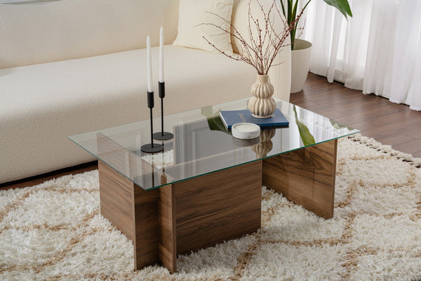 Mesa de Centro "Vetrino" – Vidro Temperado e Nogueira, 105x65x40 cm, Design Moderno