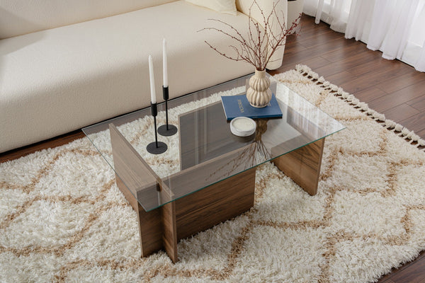 Mesa de Centro "Vetrino" – Vidro Temperado e Nogueira, 105x65x40 cm, Design Moderno