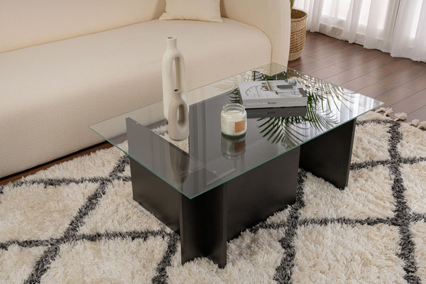 Mesa de Centro "Vetrino" – Vidro Temperado e Preto, 105x65x40 cm, Design Moderno