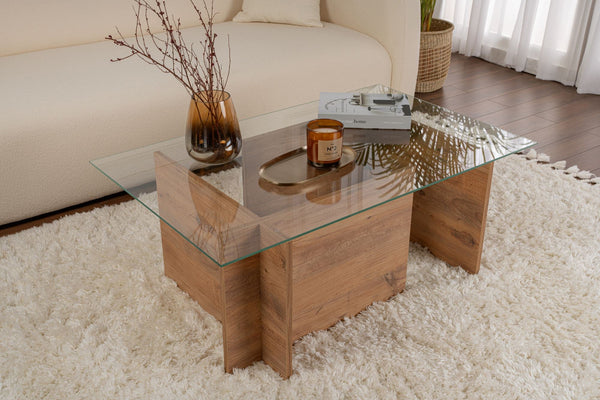 Mesa de Centro "Vetrino" – Vidro Temperado e Pinho Atlantico, 105x65x40 cm, Design Sofisticado