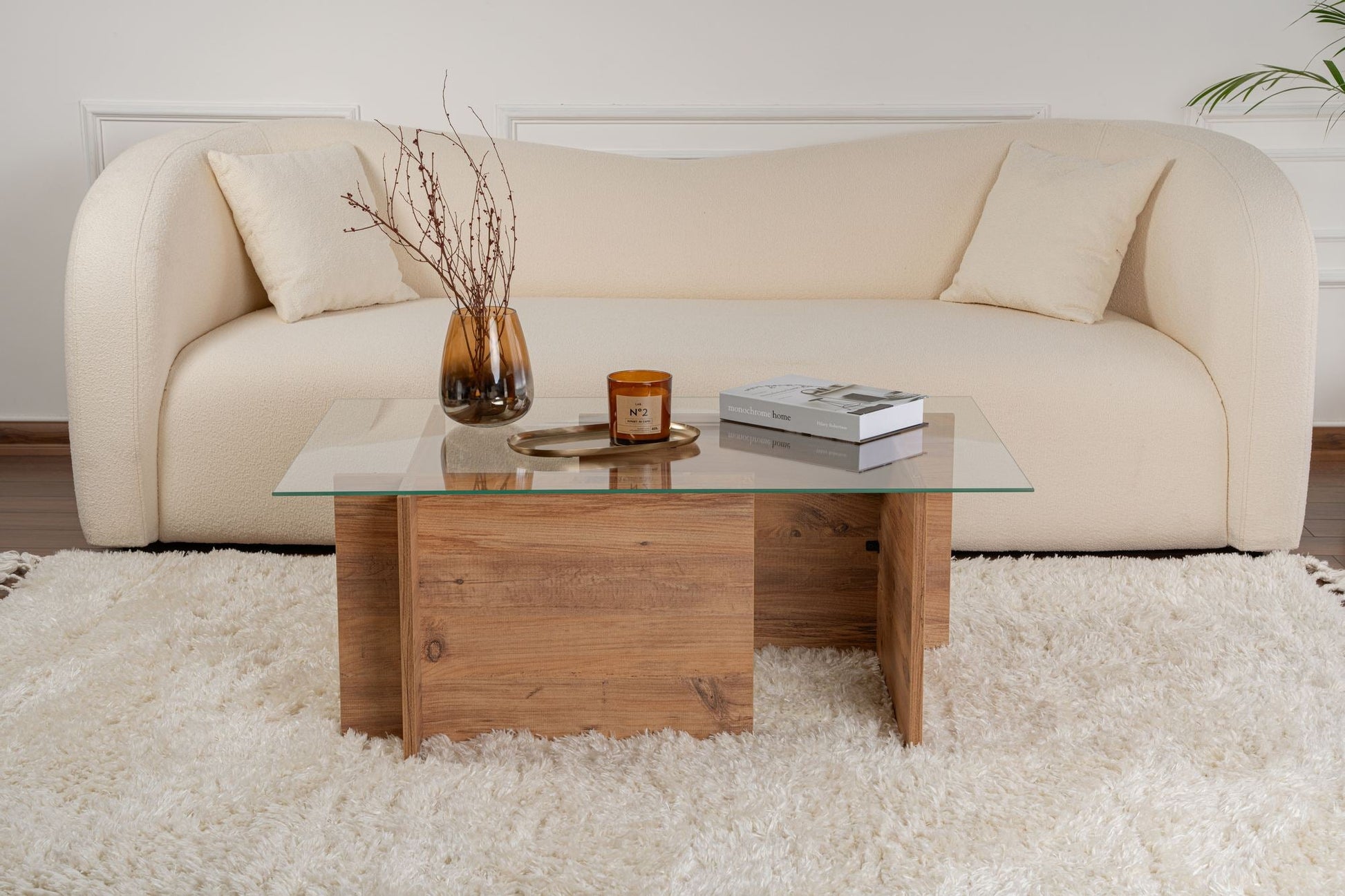Mesa de Centro "Vetrino" – Vidro Temperado e Pinho Atlantico, 105x65x40 cm, Design Sofisticado