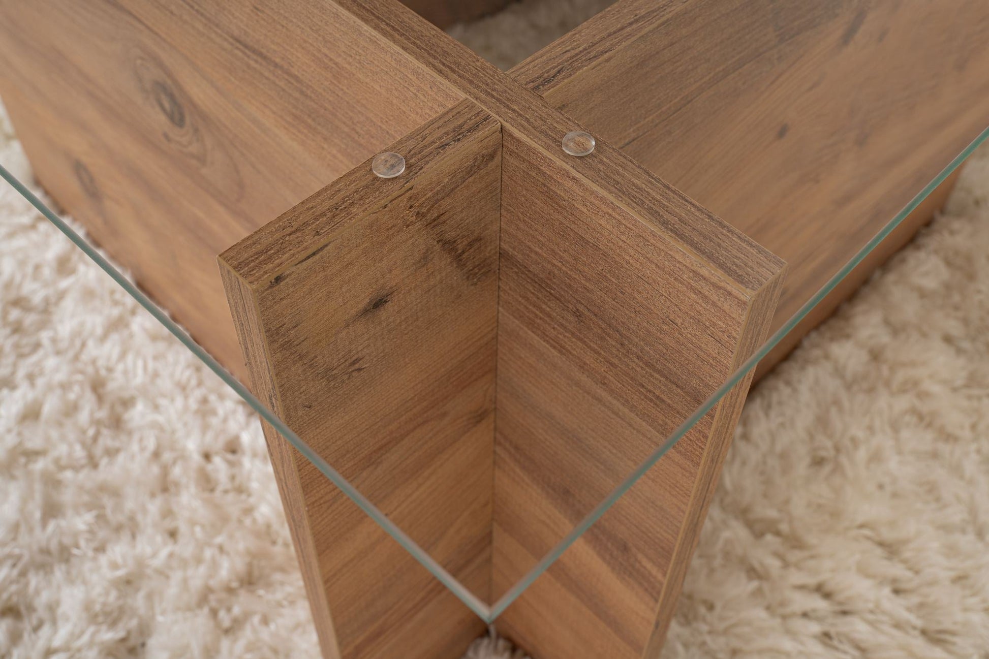 Mesa de Centro "Vetrino" – Vidro Temperado e Pinho Atlantico, 105x65x40 cm, Design Sofisticado
