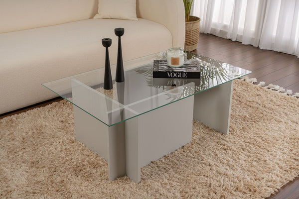 Mesa de Centro "Vetrino" – Vidro Temperado Cinzento, 105x65x40 cm, Design Moderno