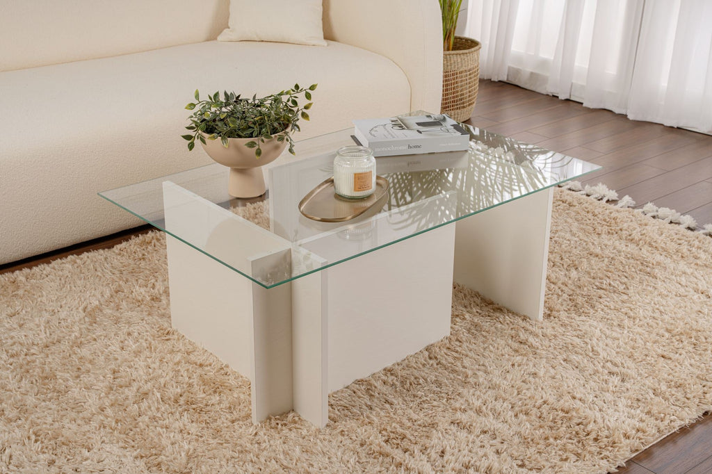 Mesa de Centro "Vetrino" – Vidro Temperado e Branco, 105x65x40 cm, Design Moderno
