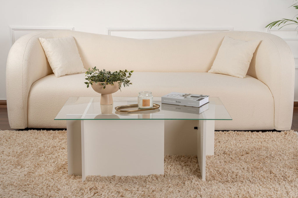 Mesa de Centro "Vetrino" – Vidro Temperado e Branco, 105x65x40 cm, Design Moderno