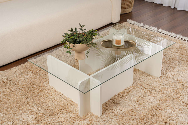 Mesa de Centro "Flavio" – Vidro Temperado e Branco, 105x65x30 cm, Design Moderno