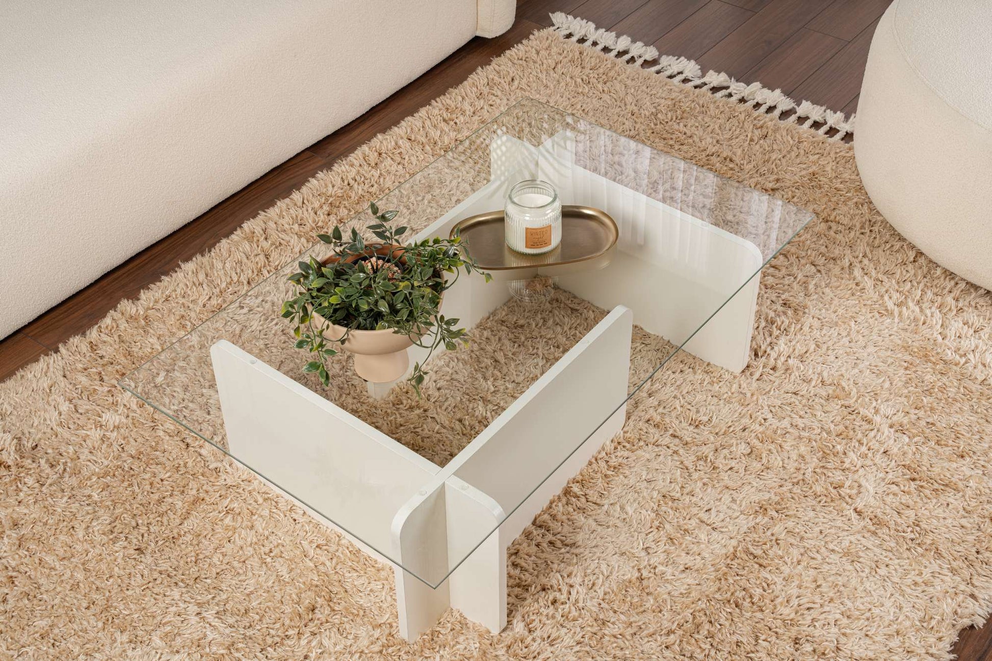Mesa de Centro "Flavio" – Vidro Temperado e Branco, 105x65x30 cm, Design Moderno