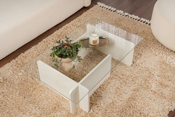 Mesa de Centro "Flavio" – Vidro Temperado e Branco, 105x65x30 cm, Design Moderno