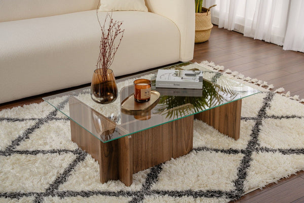 Mesa de Centro "Flavio" – Vidro Temperado e Nogueira, 105x65x30 cm, Design Moderno