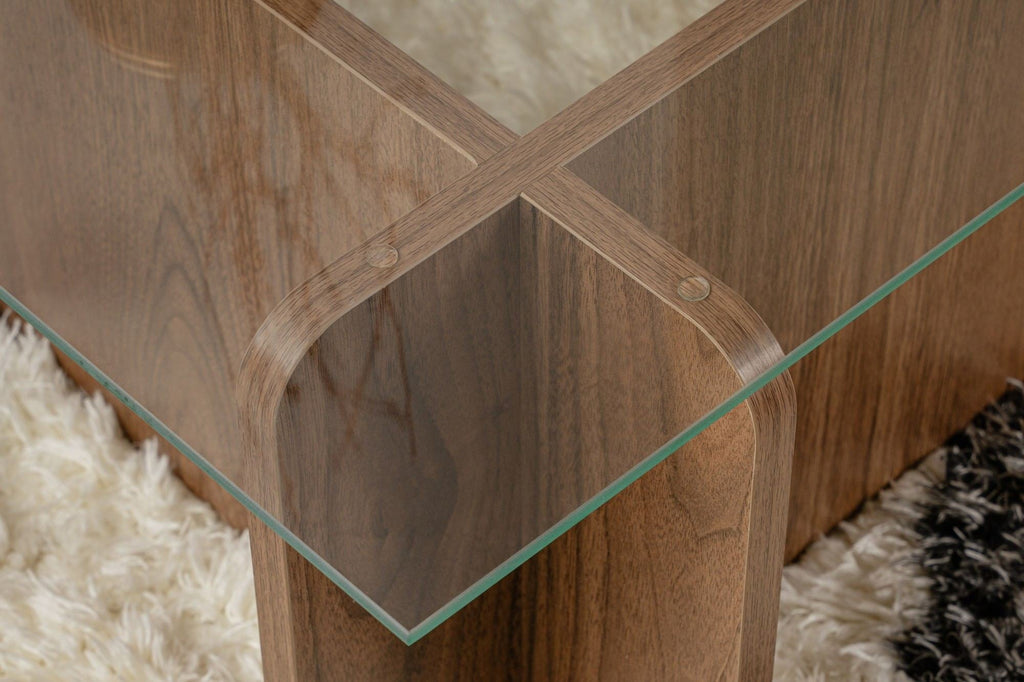 Mesa de Centro "Flavio" – Vidro Temperado e Nogueira, 105x65x30 cm, Design Moderno