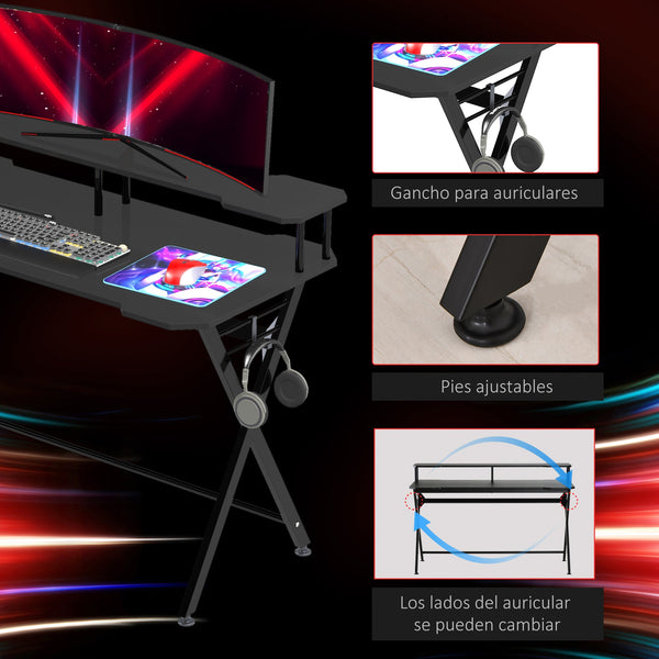 Mesa gaming para jogos secretária com suporte para monitor e fones de ouvido 140x60x90 cm Preto