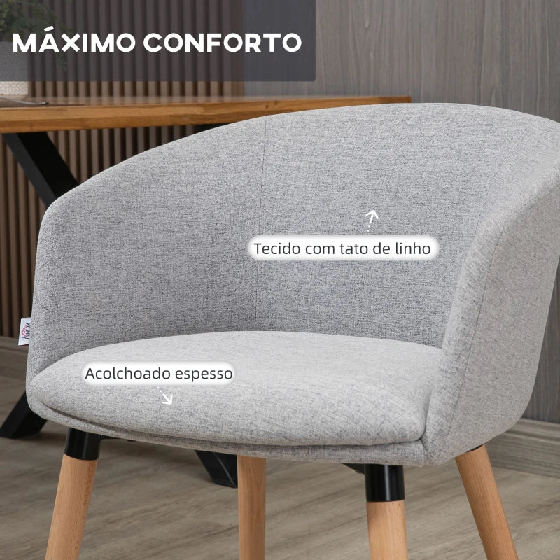 Cadeira de Sala de Jantar Cadeira Estofada em Linho Sintético com Apoio para os Braços e Pés de Madeira para Escritório Dormitório Carga 120kg 57x56x72cm Cinza