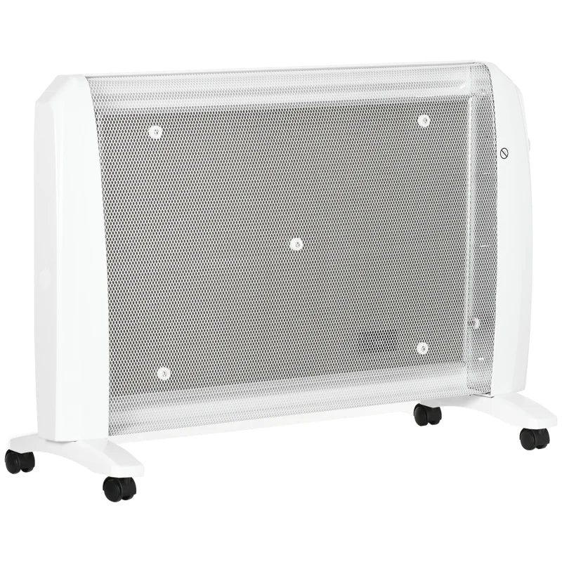 Aquecedor Elétrico 1000W/2000W Aquecedor de Mica com 2 Níveis de Potência Termostato Regulável e 4 Rodas para Ambientes de 15-20 m² Silencioso 79x27x54 cm Branco