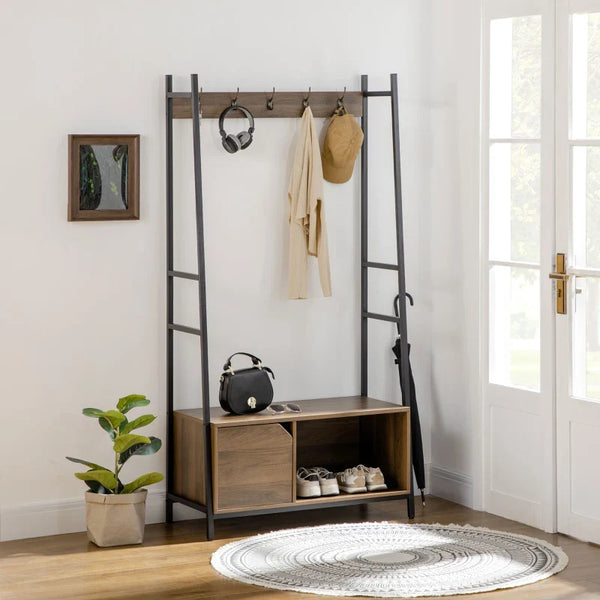 Móvel Cabide de Entrada com Sapateiro Móvel de Entrada com Banco 5 Ganchos Armário e Prateleira Aberta para Corredor Entrada 84x40x169cm Marrom Rústico