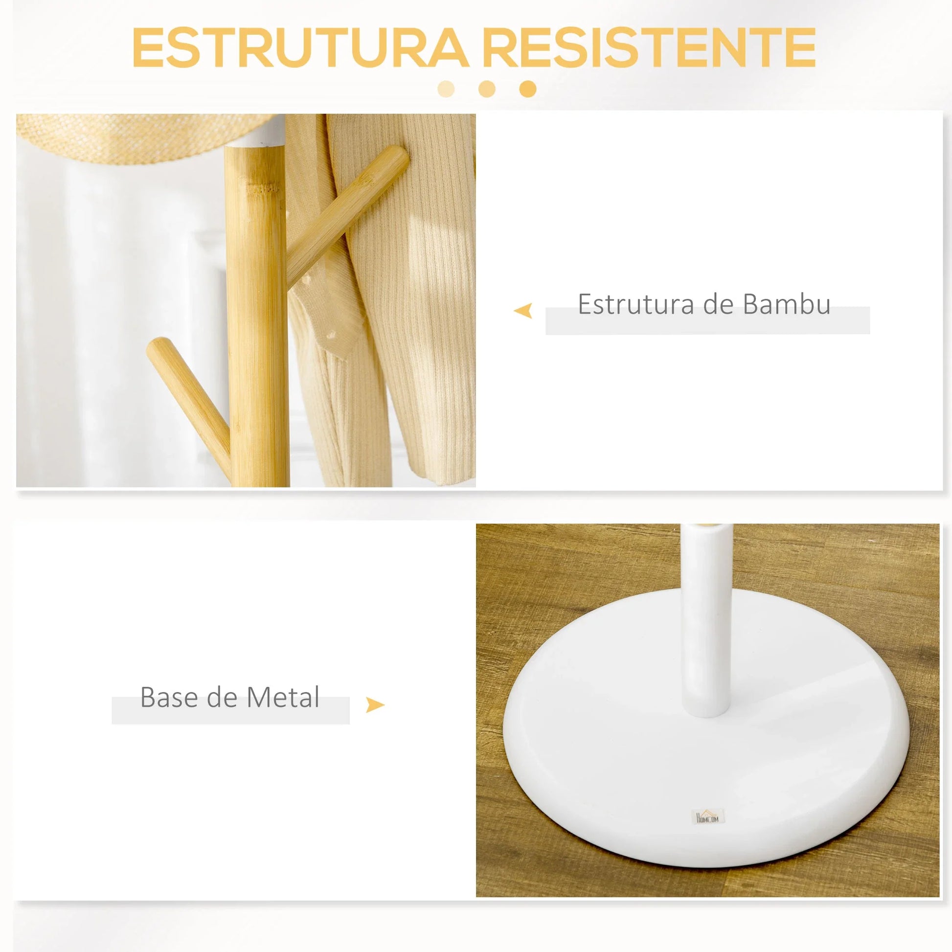 Cabide de Pé de Bambu Cabide de Pé Moderno com 8 Ganchos para Roupas Bolsas Cabide em Forma de Árvore para Entrada Dormitório Ø37,8x175,6 cm Madeira e Branco