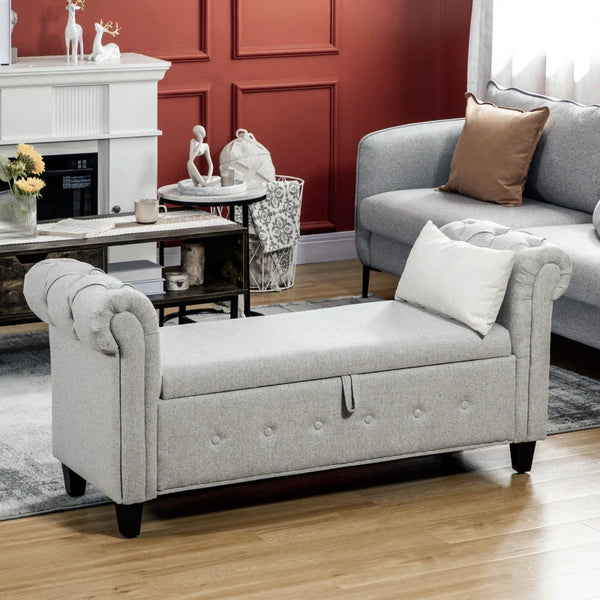 Banco de Pé de Cama Banco de Armazenamento de Linho com Dobradiças na Tampa Pés de Madeira e Apoio para os Braços para Dormitórios Sala de Estar Corredor Carga 150kg 146,5x49x74,5cm Cinza Claro