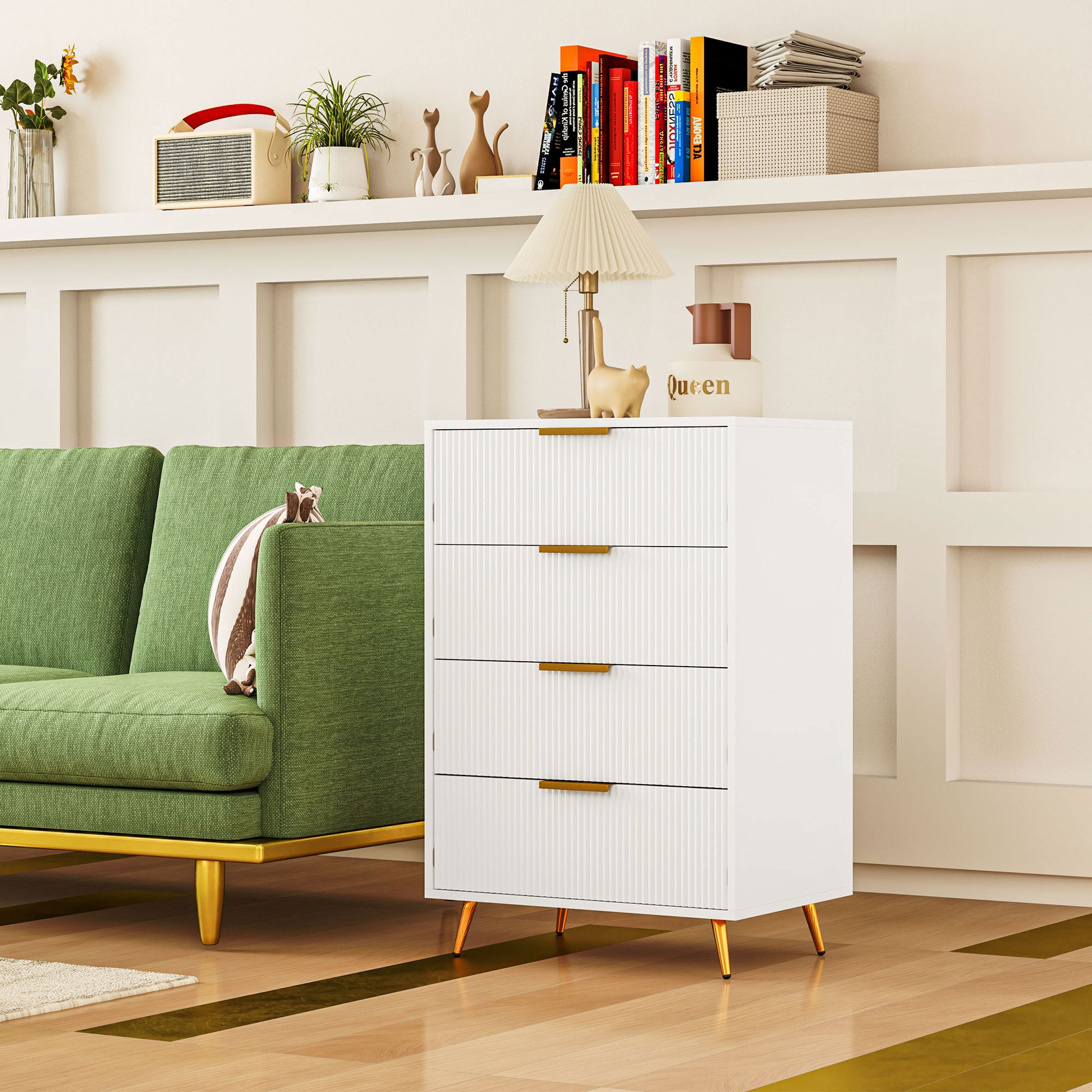 Cómoda com 4 Gavetas Cómoda de Dormitório Moderna com Desenho Ondulado Anti-Tombo Cómoda para Sala de Estar Corredor 60x40x90 cm Branco