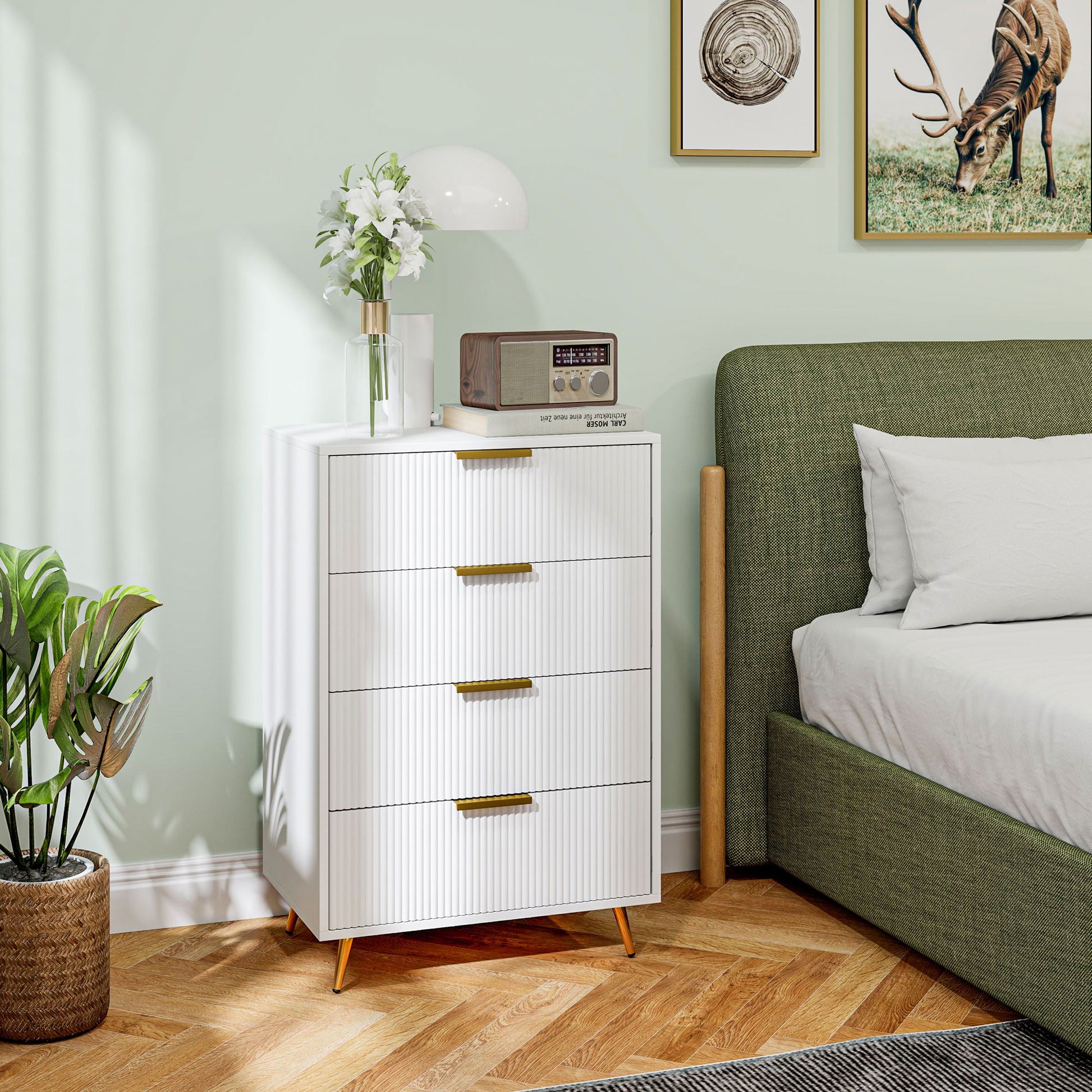 Cómoda com 4 Gavetas Cómoda de Dormitório Moderna com Desenho Ondulado Anti-Tombo Cómoda para Sala de Estar Corredor 60x40x90 cm Branco