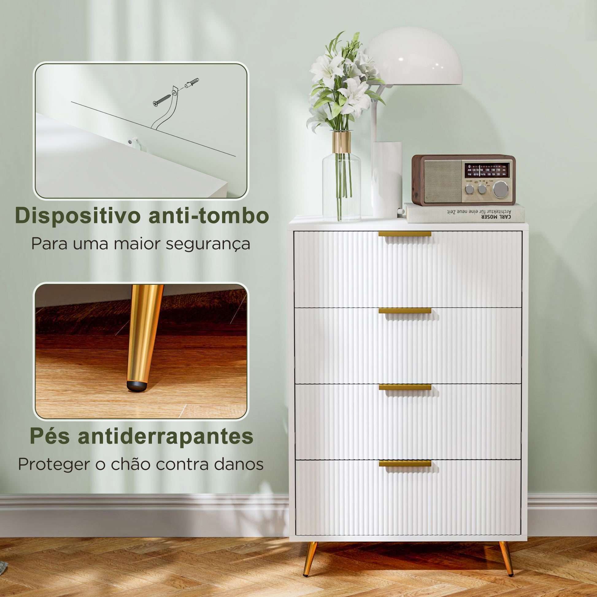 Cómoda com 4 Gavetas Cómoda de Dormitório Moderna com Desenho Ondulado Anti-Tombo Cómoda para Sala de Estar Corredor 60x40x90 cm Branco