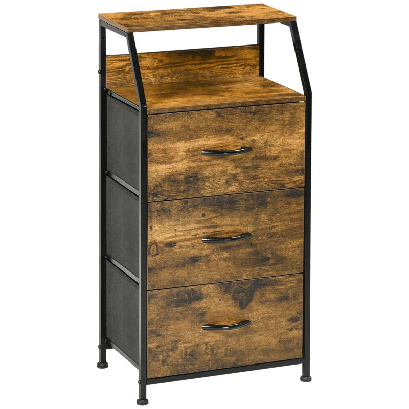 Cómoda com 3 Gavetas de Tecido Dobrável e Prateleira Aberta Móvel de Armazenamento para Escritório Dormitório Estilo Industrial Anti-Tombo 44x29x92cm Marrom Rústico