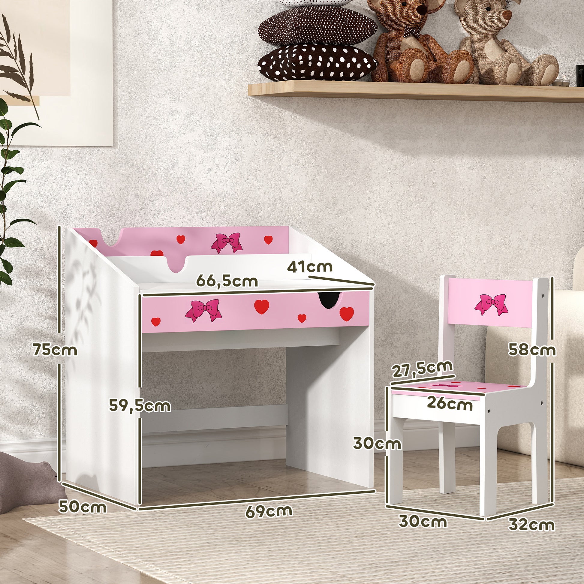 AIYAPLAY Conjunto de Secretária e Cadeira para Crianças acima de 3 Anos Secretária Infantil com Gaveta Amovível e Compartimento para Dormitório Sala de Jogos Rosa e Branco