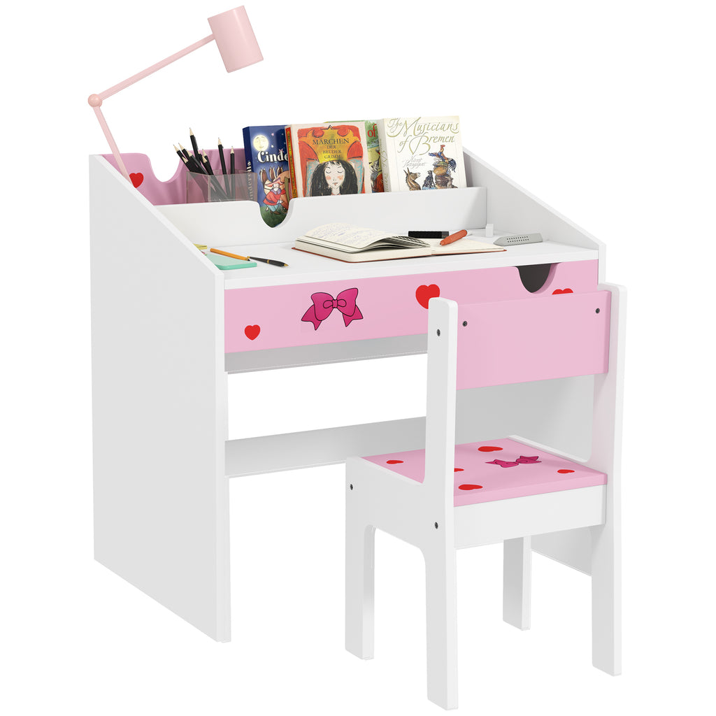 AIYAPLAY Conjunto de Secretária e Cadeira para Crianças acima de 3 Anos Secretária Infantil com Gaveta Amovível e Compartimento para Dormitório Sala de Jogos Rosa e Branco